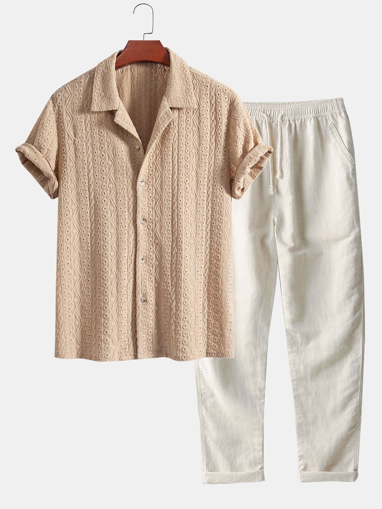 Set – kubánská jacquard košile a rovné lněné kalhoty