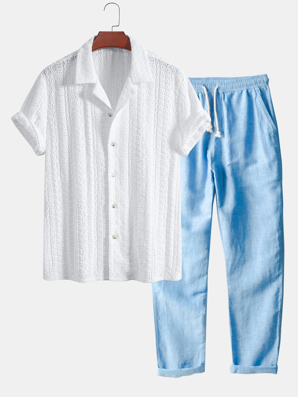 Set – kubánská jacquard košile a rovné lněné kalhoty