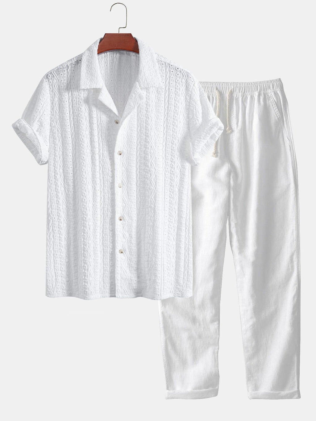 Set – kubánská jacquard košile a rovné lněné kalhoty