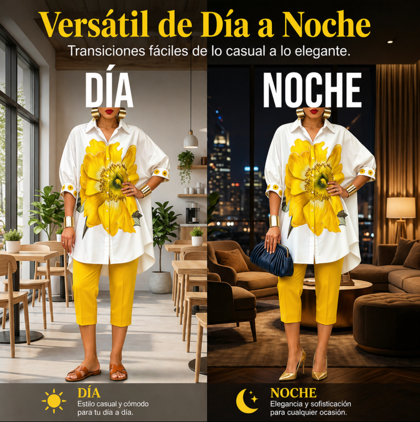 Dámský květinový dvoudílný set – oversize top a zkrácené kalhoty
