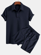 Set – geometrické jacquard polo a krátké kalhoty