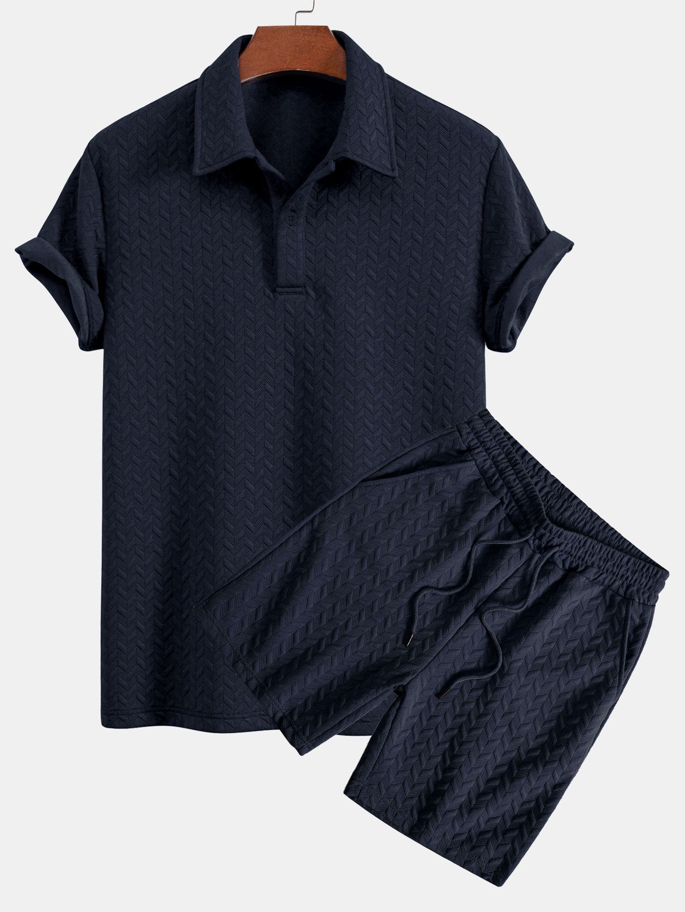 Set – geometrické jacquard polo a krátké kalhoty