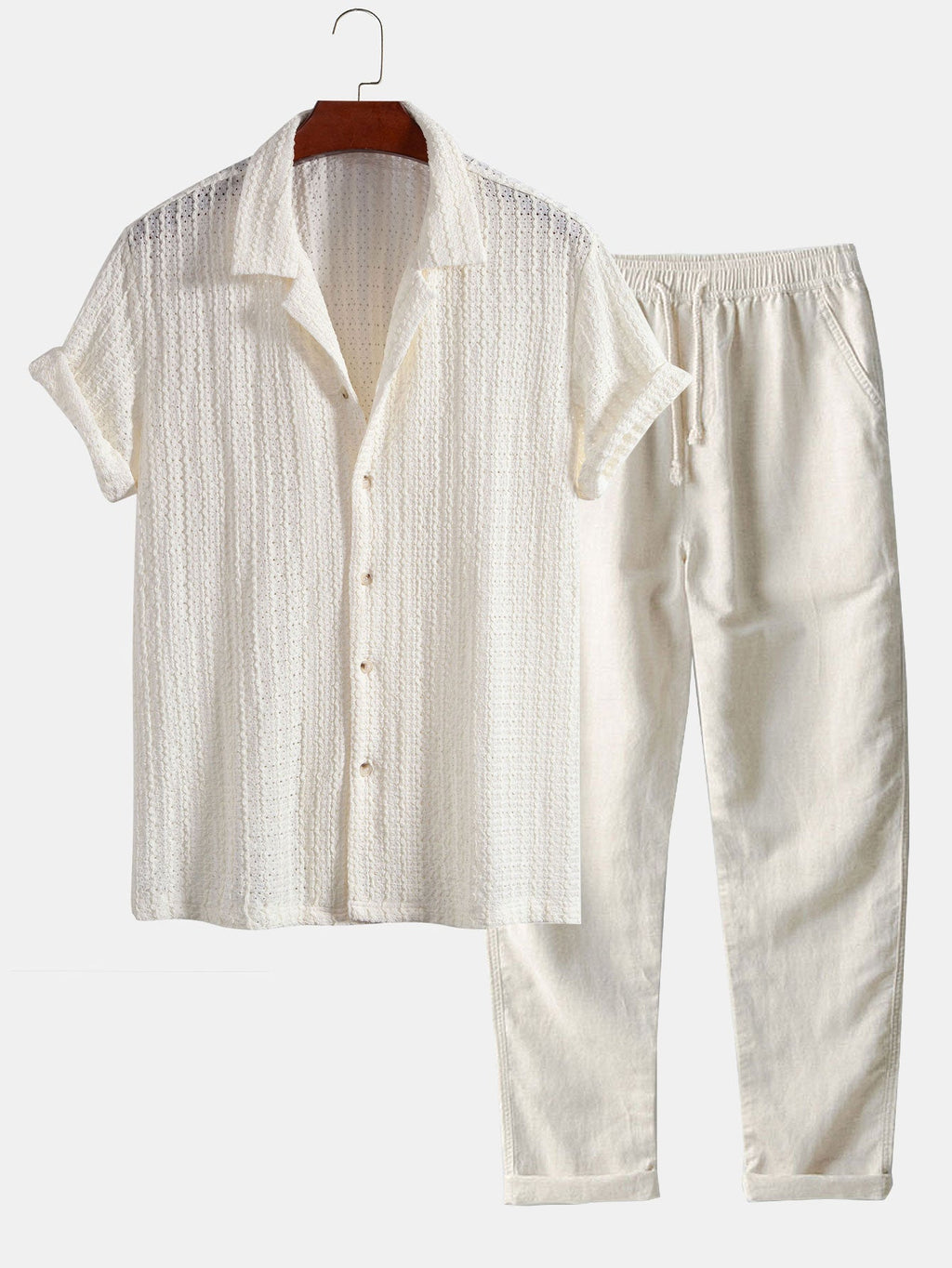 Set – kubánská jacquard košile a rovné lněné kalhoty