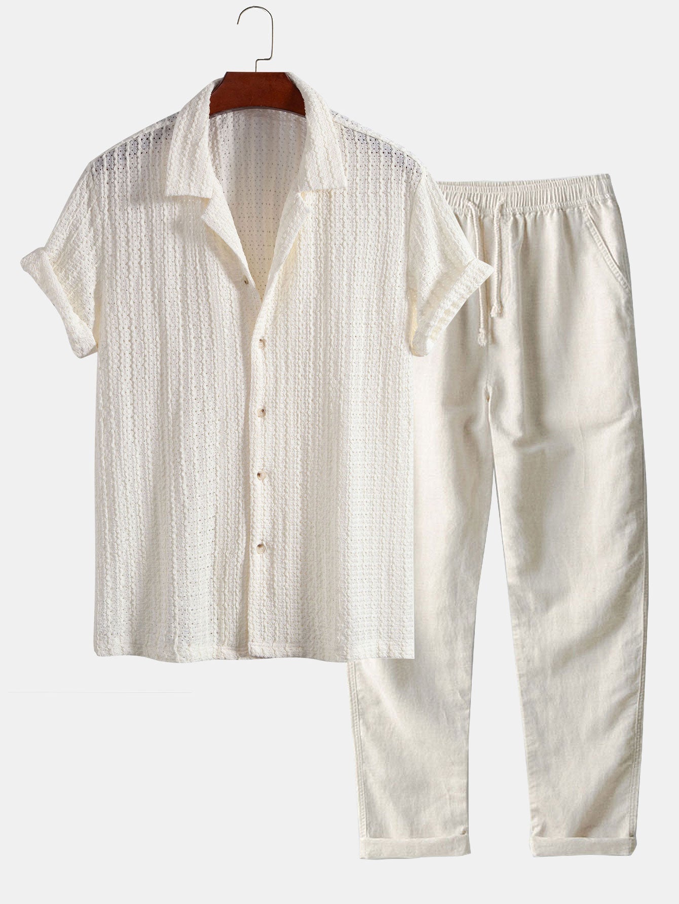 Set – kubánská jacquard košile a rovné lněné kalhoty