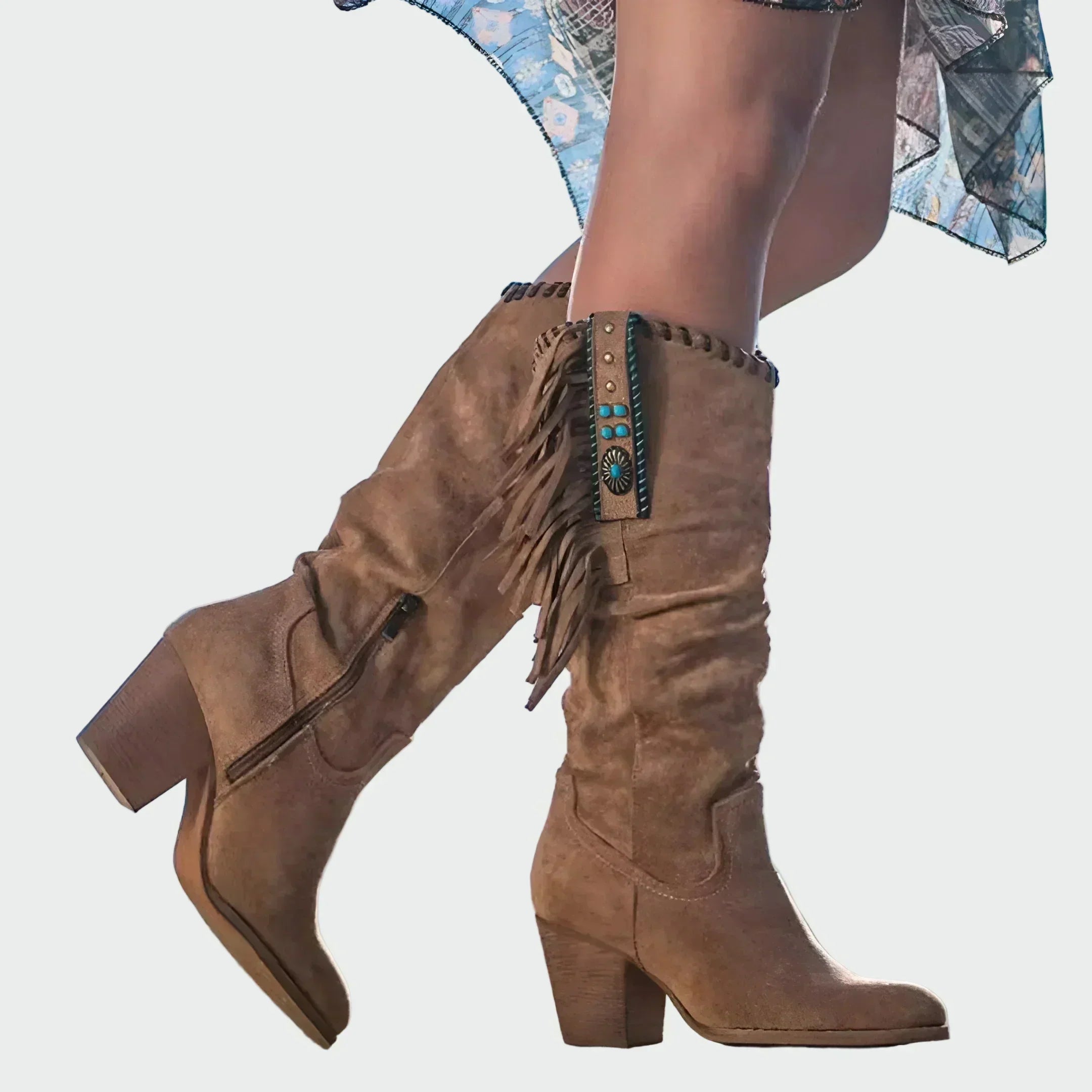 Boho cowboy dámské boty s třásněmi a středním podpatkem