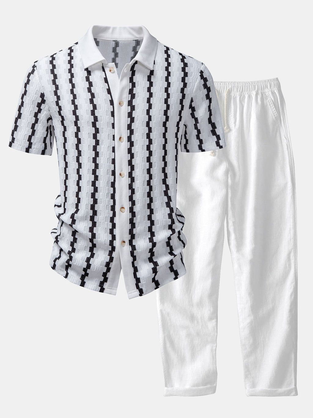 Set – kostkovaná jacquard košile a rovné lněné kalhoty