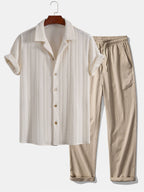 Set – kubánská jacquard košile a rovné casual kalhoty