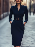 Elegantní černé šaty s páskem a splývavým střihem