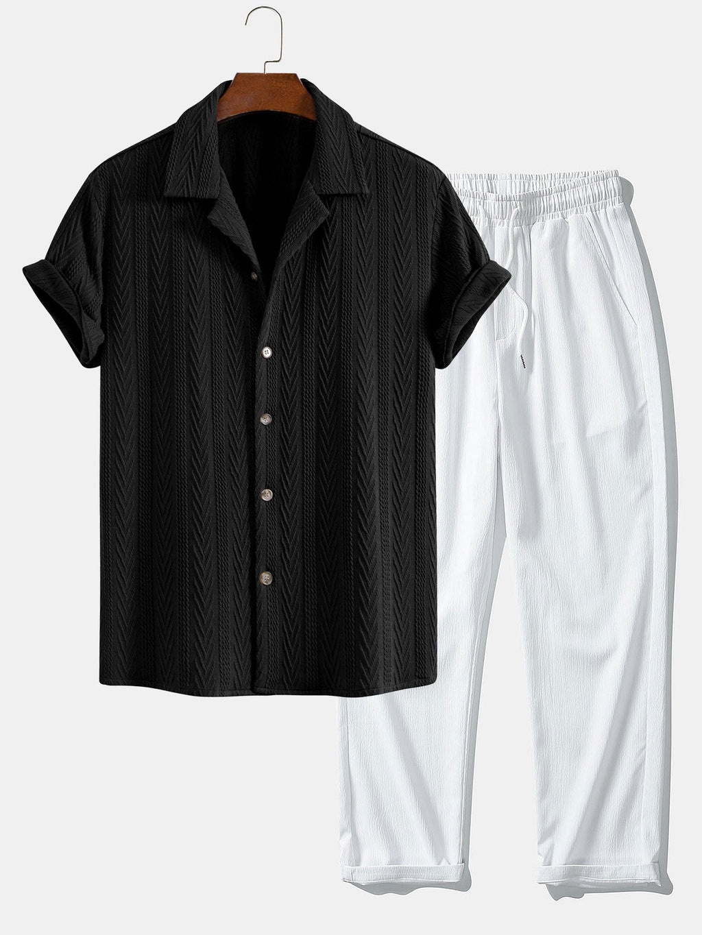Set – kubánská jacquard košile a rovné casual kalhoty