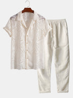 Set – kubánská jacquard košile a rovné lněné kalhoty
