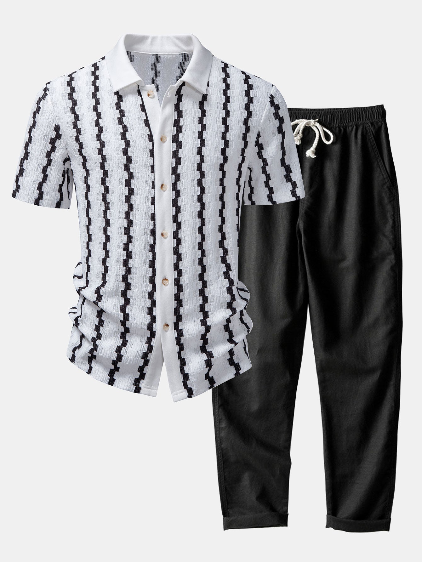 Set – kostkovaná jacquard košile a rovné lněné kalhoty