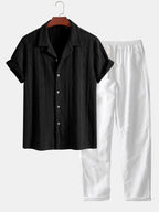 Set – kubánská jacquard košile a rovné lněné kalhoty