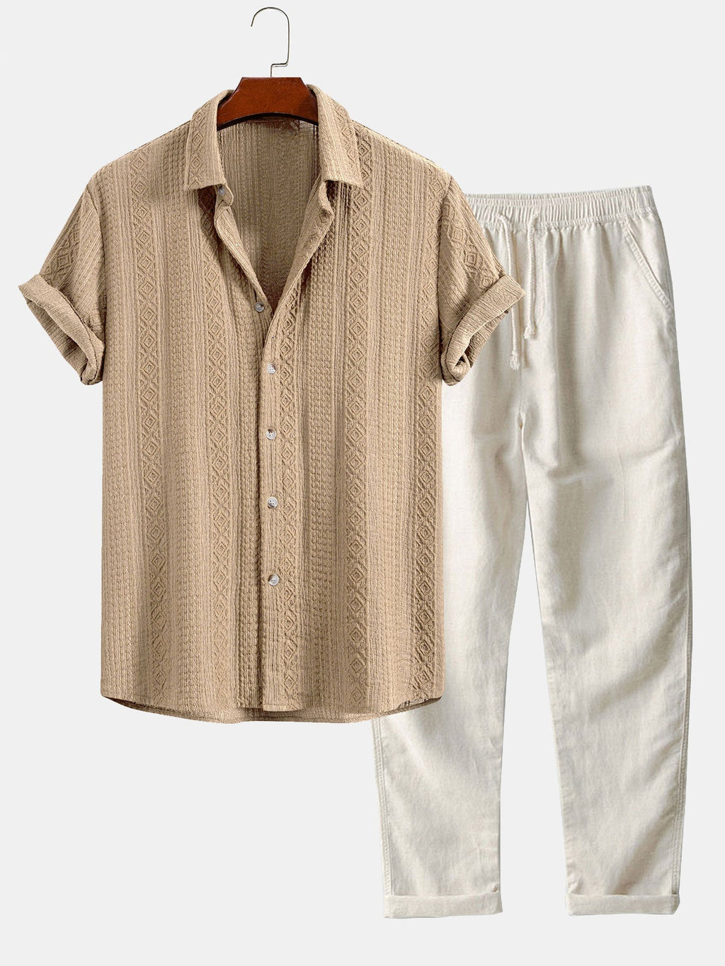 Set – geometrická jacquard košile a lněné kalhoty