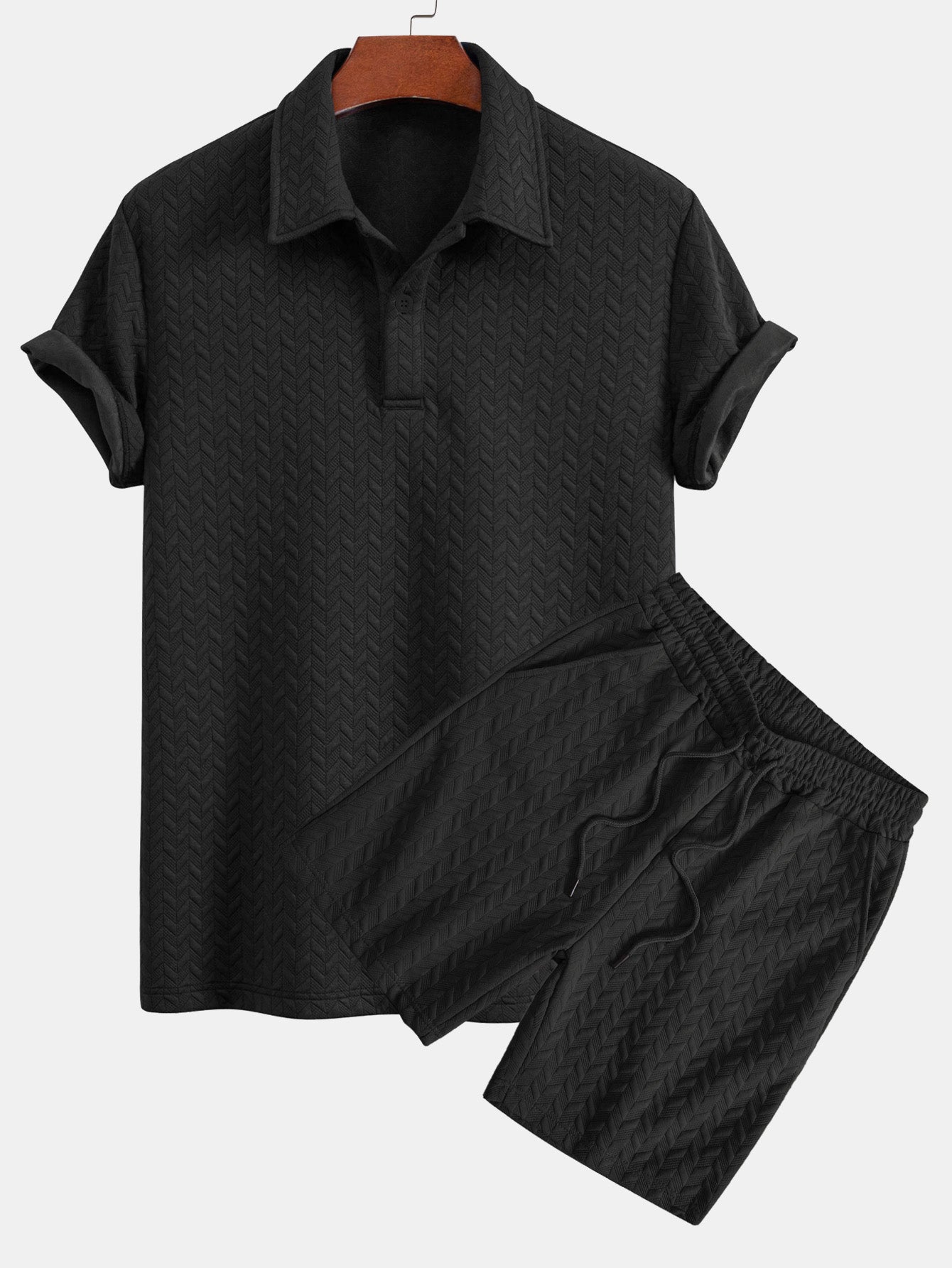 Set – geometrické jacquard polo a krátké kalhoty