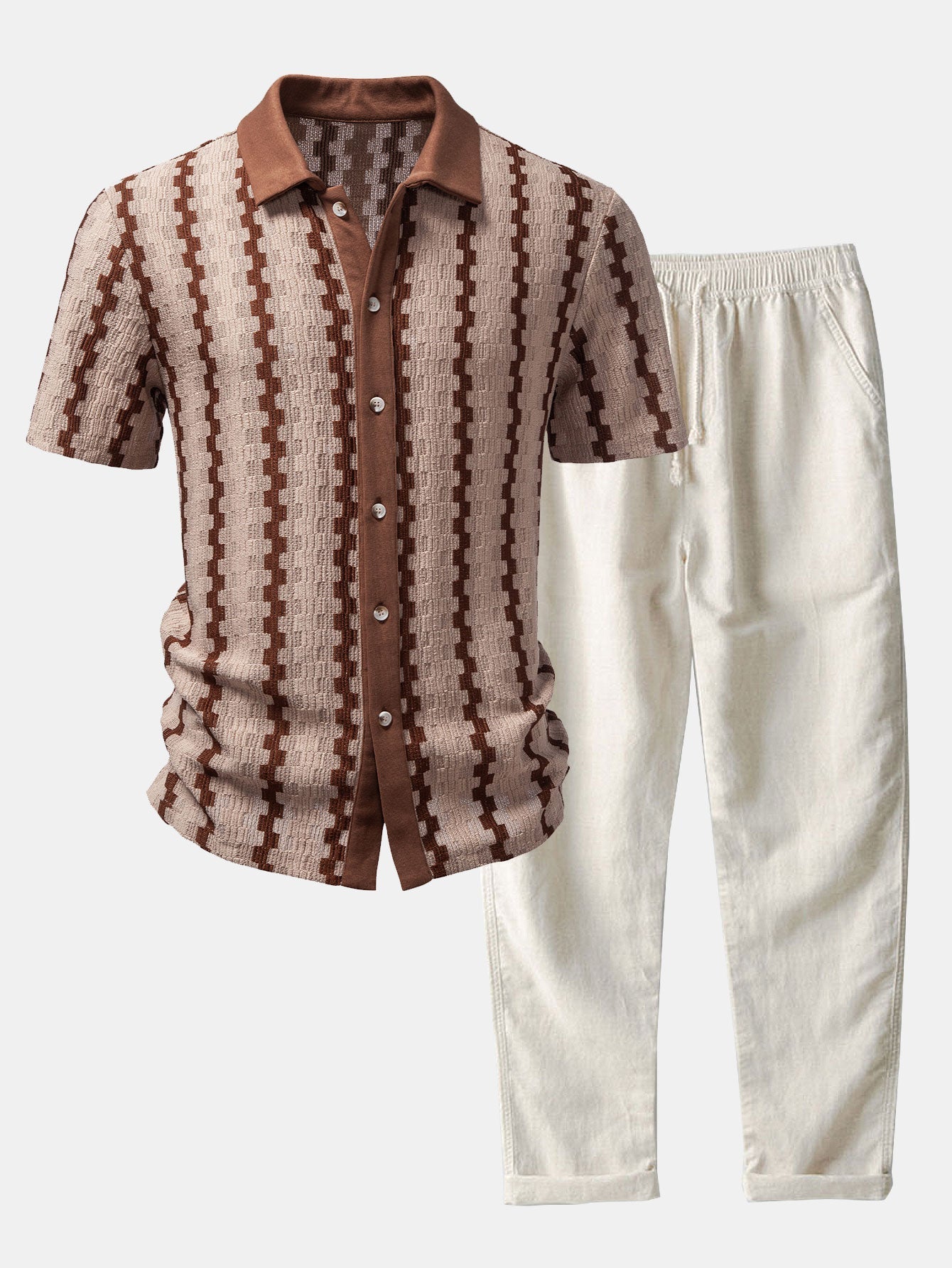 Set – kostkovaná jacquard košile a rovné lněné kalhoty