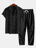 Set – kubánská jacquard košile a rovné lněné kalhoty