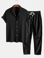 Set – kubánská jacquard košile a rovné lněné kalhoty
