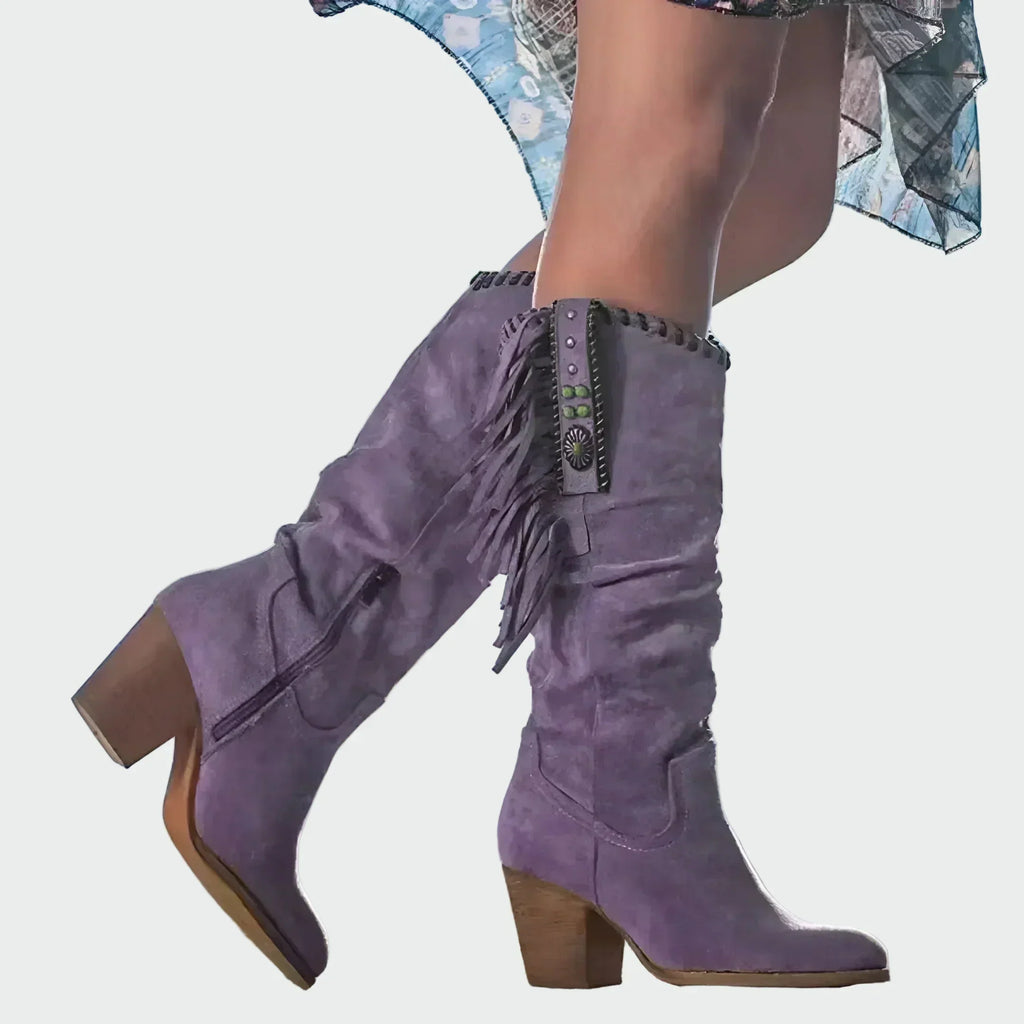 Boho cowboy dámské boty s třásněmi a středním podpatkem