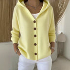 Dlouhý dámský kardigan s kapucí a áčkovým střihem