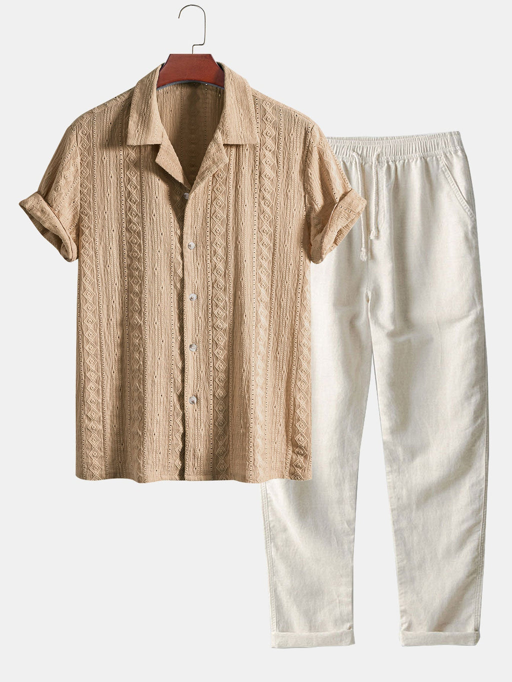 Set – kubánská jacquard košile a rovné lněné kalhoty