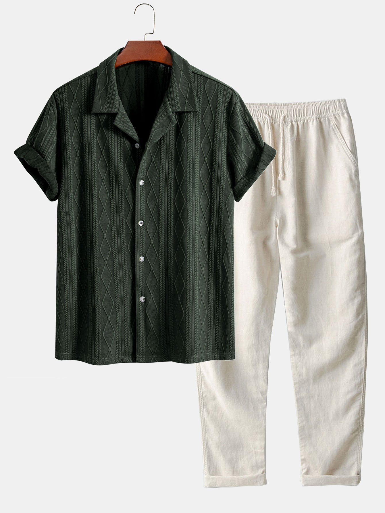 Set – kubánská jacquard košile a rovné lněné kalhoty