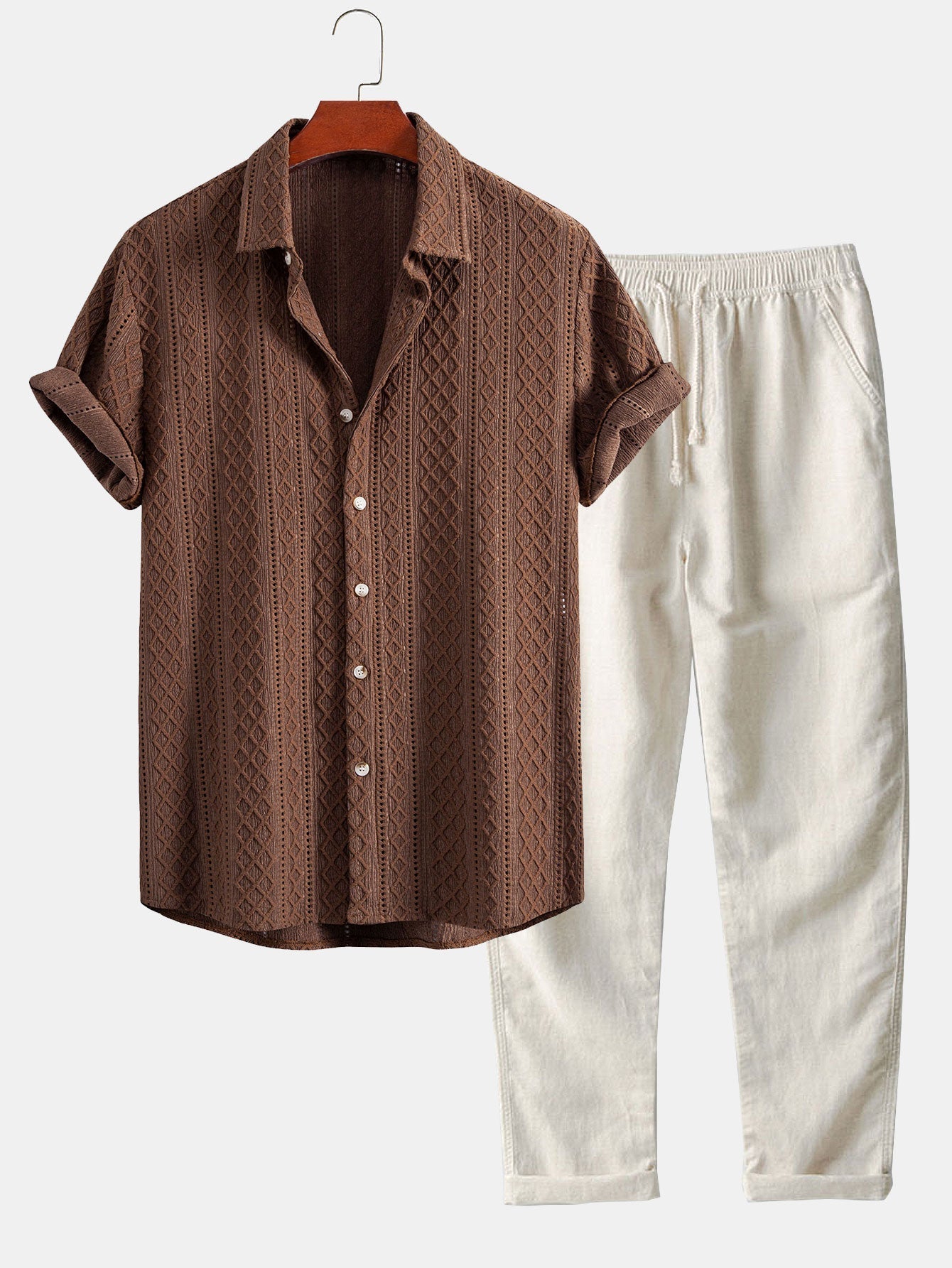 Set – geometrická jacquard košile a lněné kalhoty