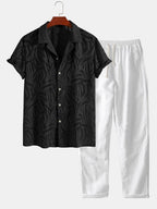 Set – kubánská jacquard košile a rovné lněné kalhoty