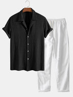 Set – kubánská jacquard košile a rovné lněné kalhoty