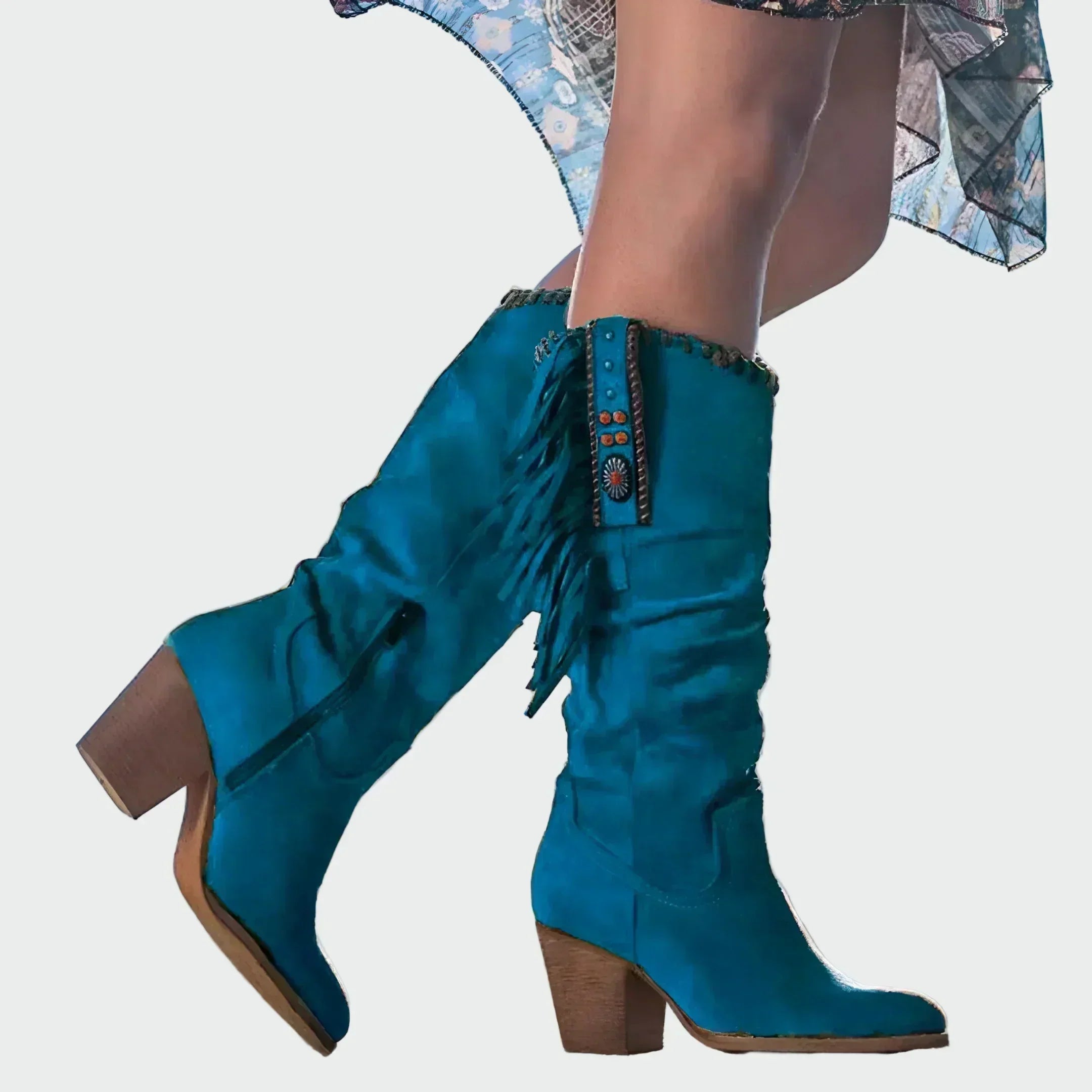 Boho cowboy dámské boty s třásněmi a středním podpatkem