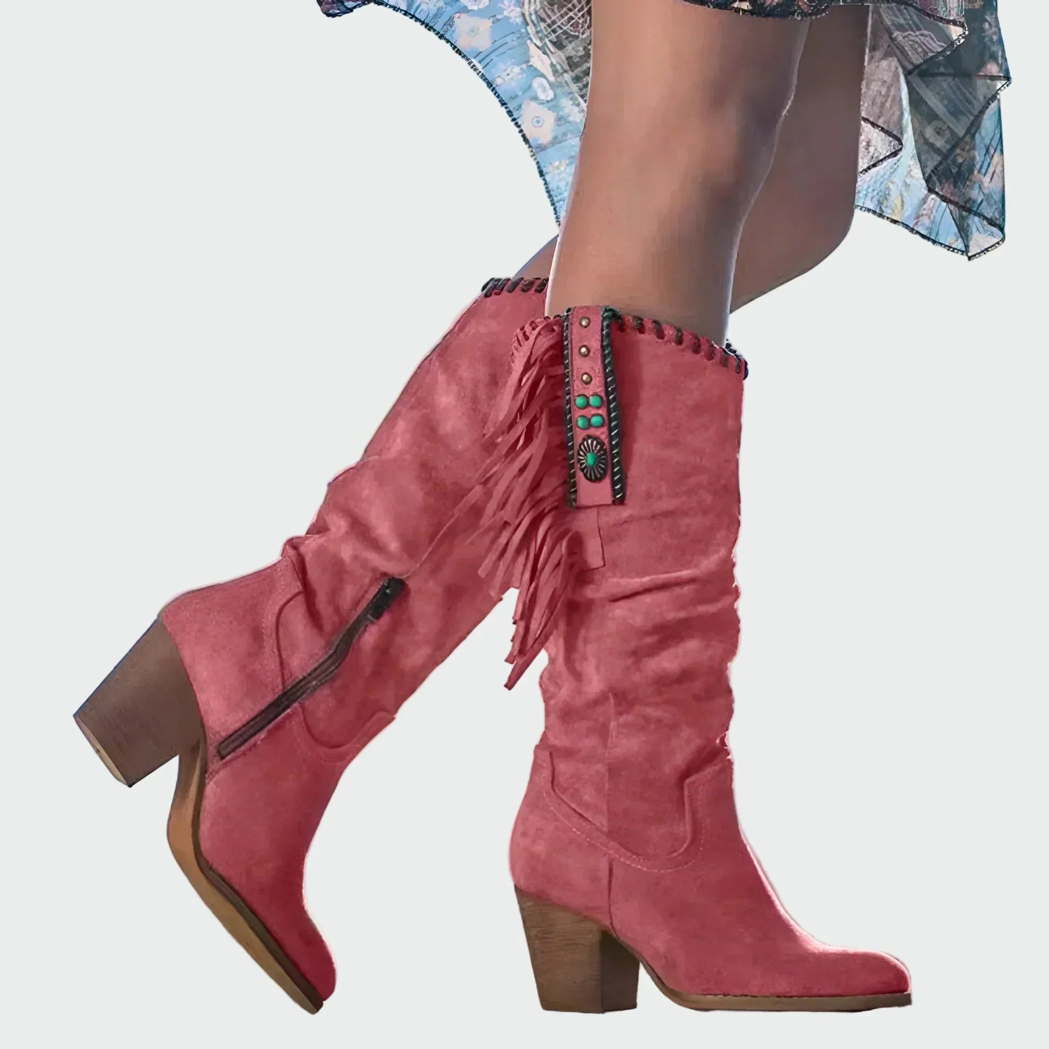 Boho cowboy dámské boty s třásněmi a středním podpatkem