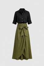 Vera™ | Conjunto de Dos Piezas: Top Negro y Falda Midi Verde Oliva