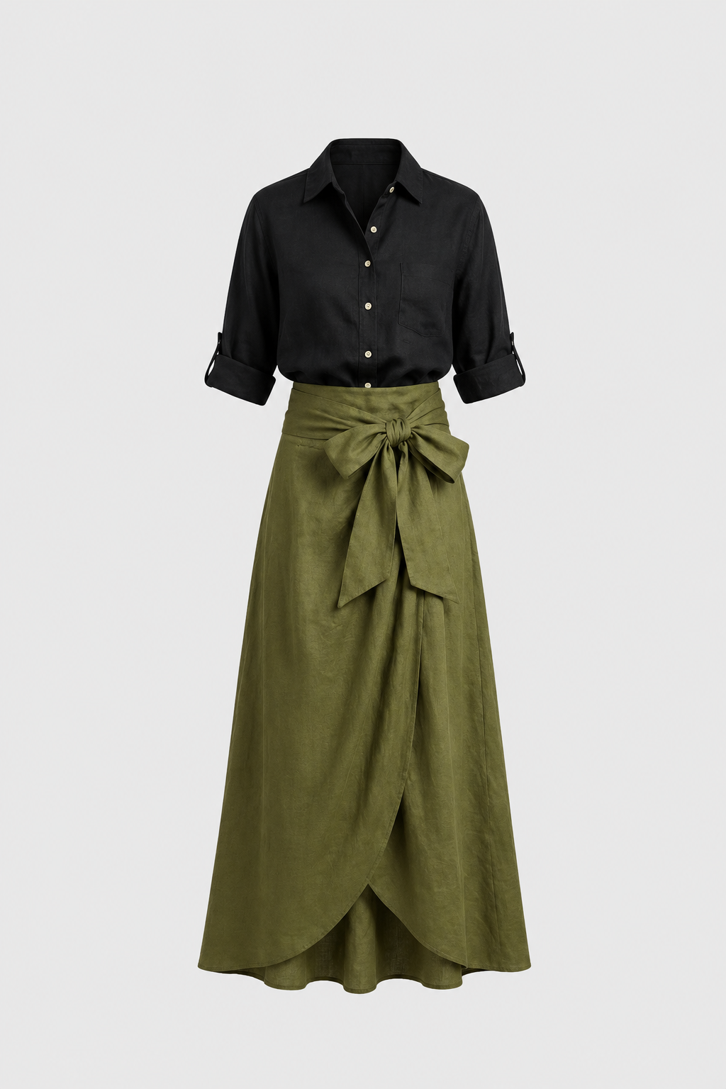 Vera™ | Conjunto de Dos Piezas: Top Negro y Falda Midi Verde Oliva