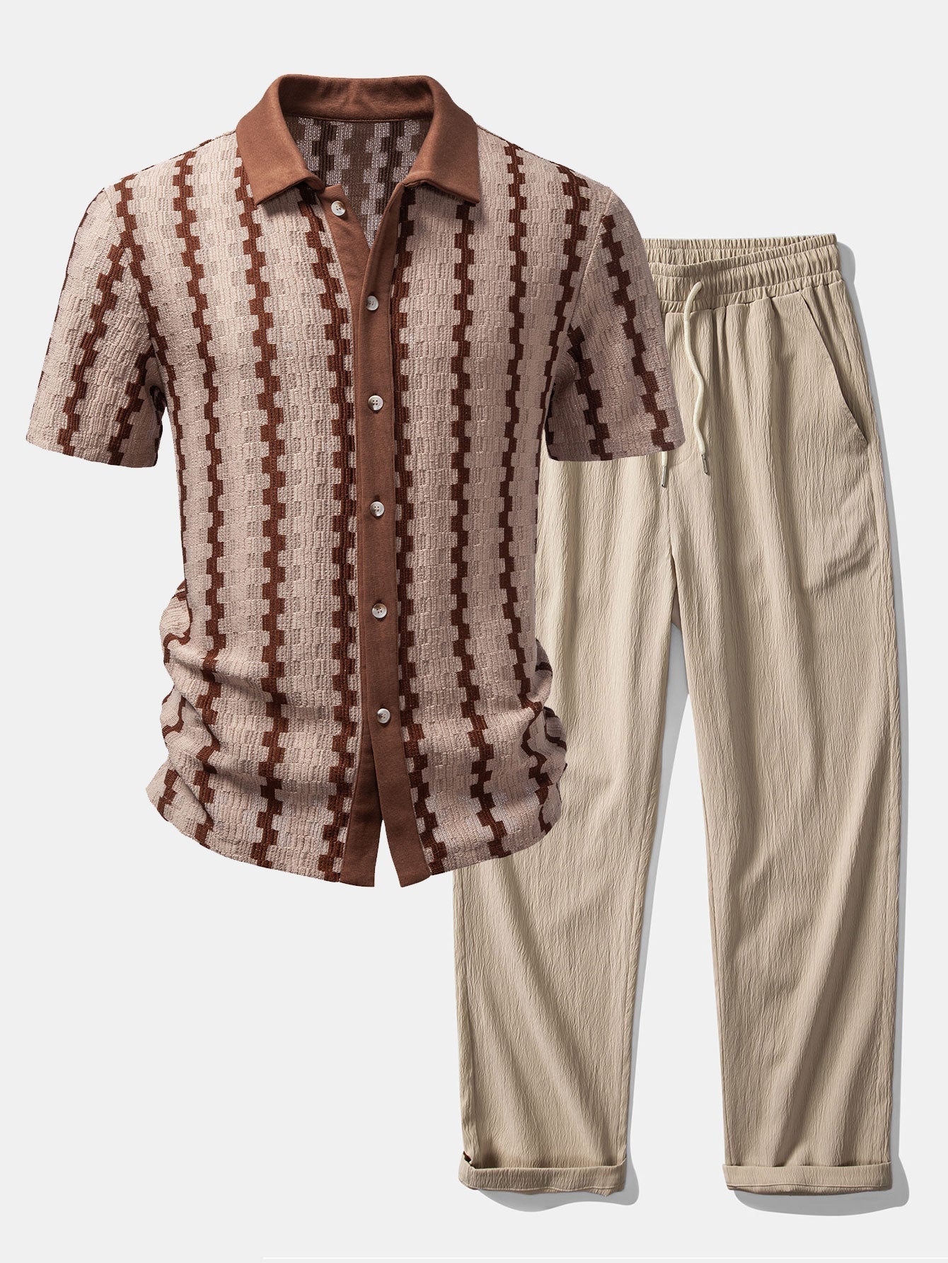 Set – kostkovaná jacquard košile a rovné zmačkané kalhoty