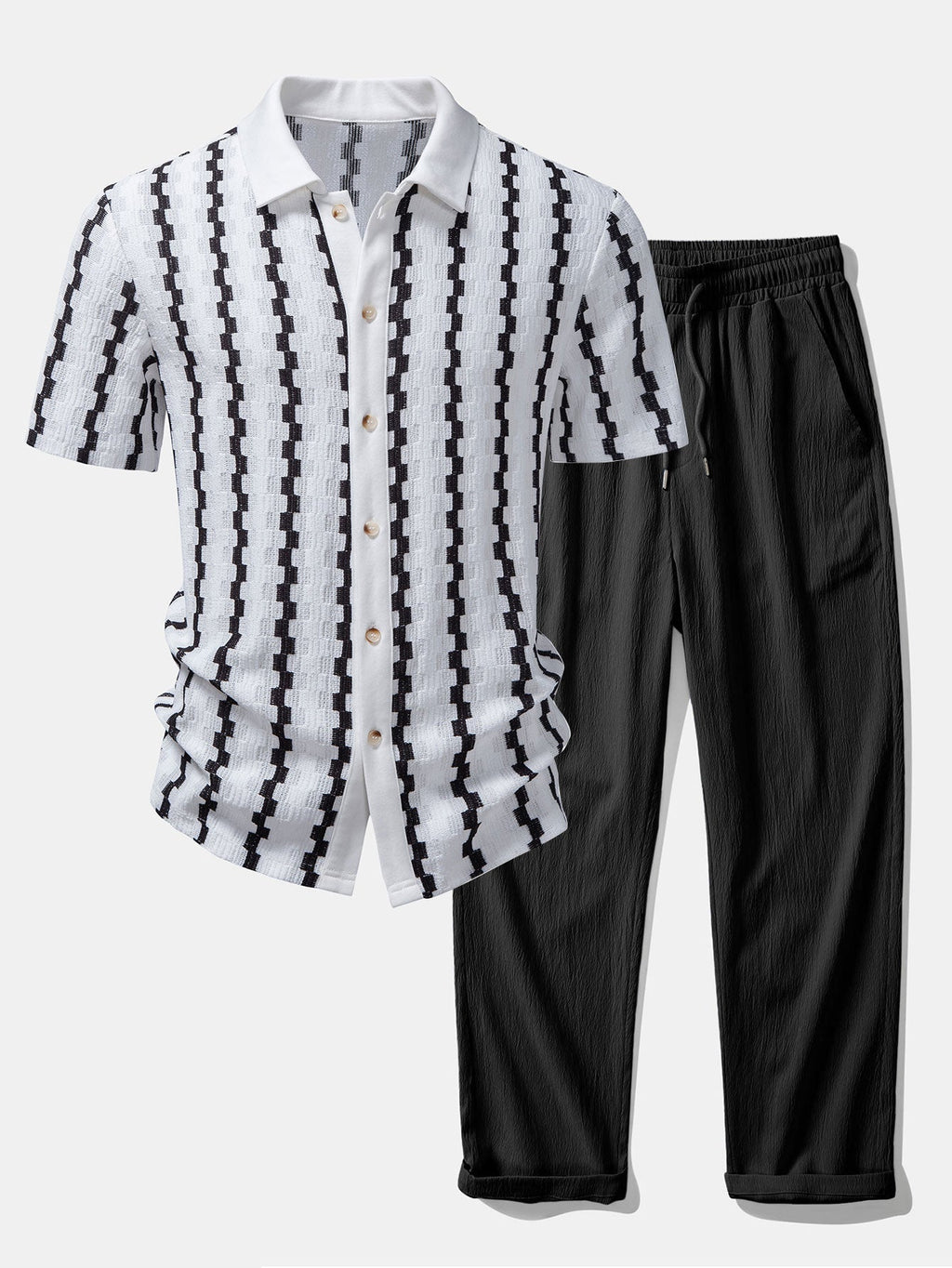Set – kostkovaná jacquard košile a rovné zmačkané kalhoty