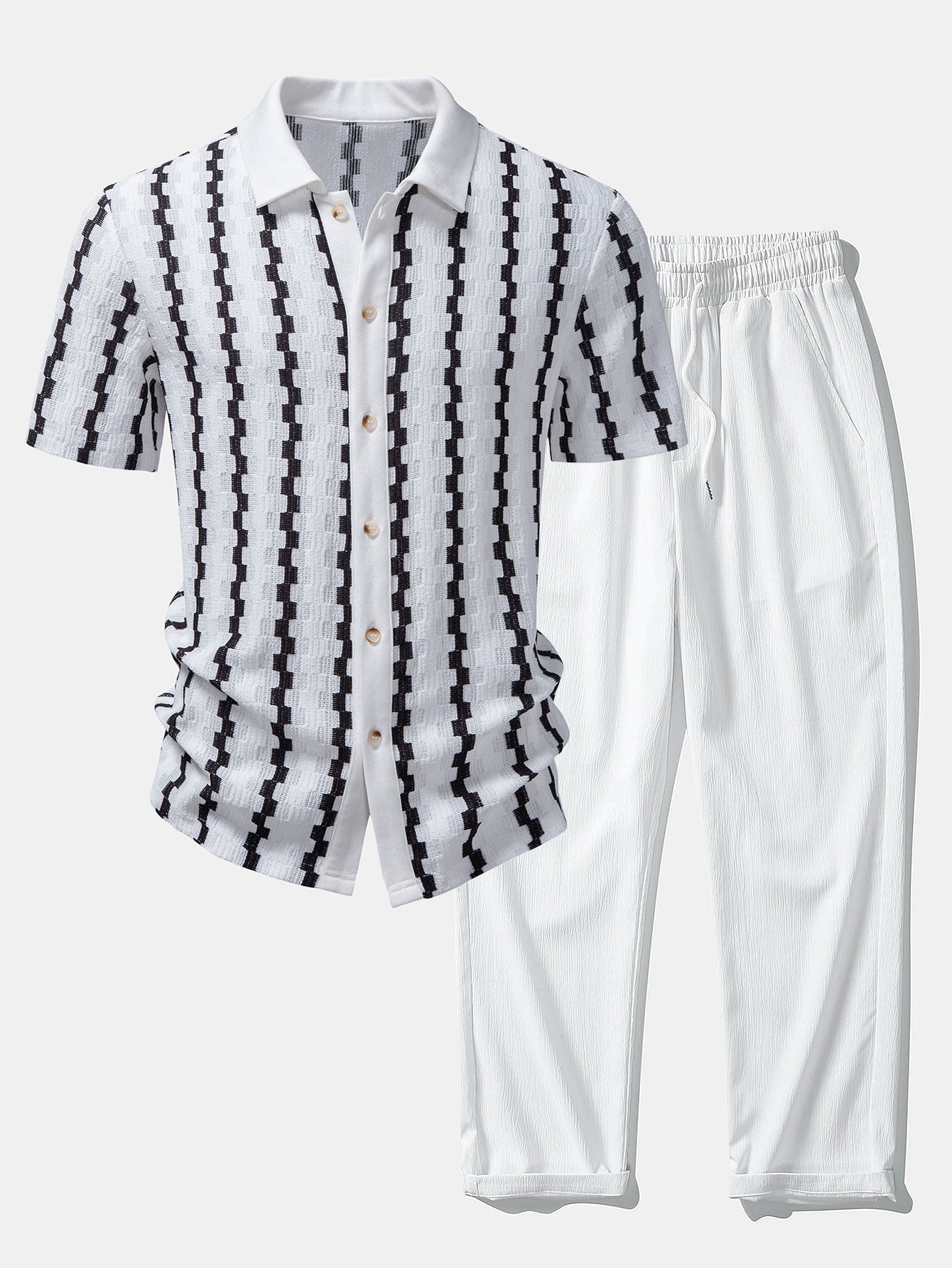 Set – kostkovaná jacquard košile a rovné zmačkané kalhoty