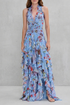 Belladina | Vestido largo romántico con cascada de rosas y escote halter