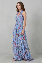 Belladina | Vestido largo romántico con cascada de rosas y escote halter