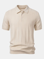 Set – pruhované jacquard polo pletené tričko a rovné kalhoty