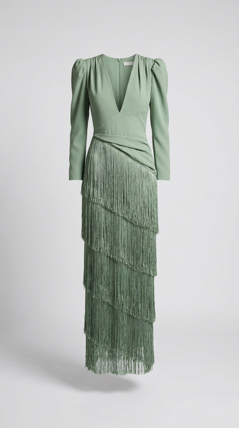 Elegantní midi šaty s třásněmi na rukávech