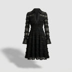 Zacapoaxtla™ Vestido Midi Negro con Flecos y Capas Semitransparentes