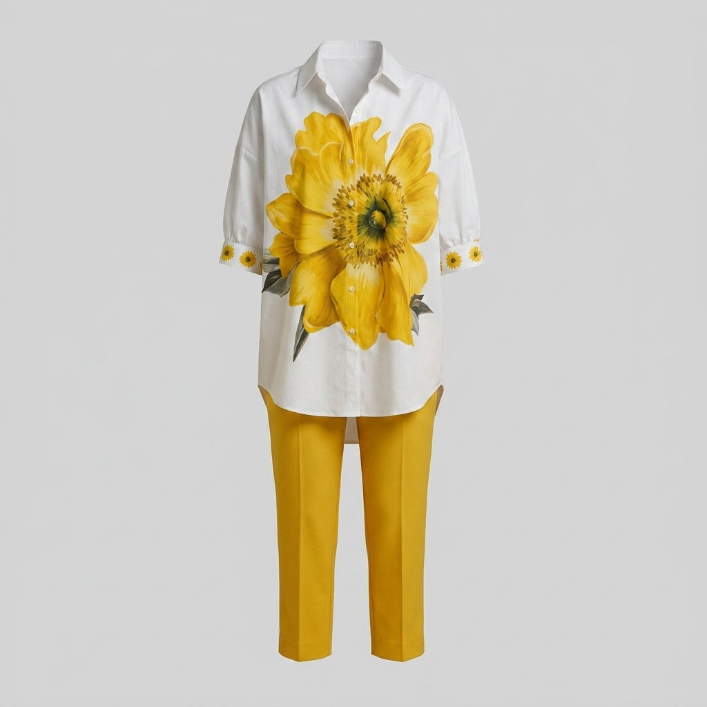 Dámský květinový dvoudílný set – oversize top a zkrácené kalhoty