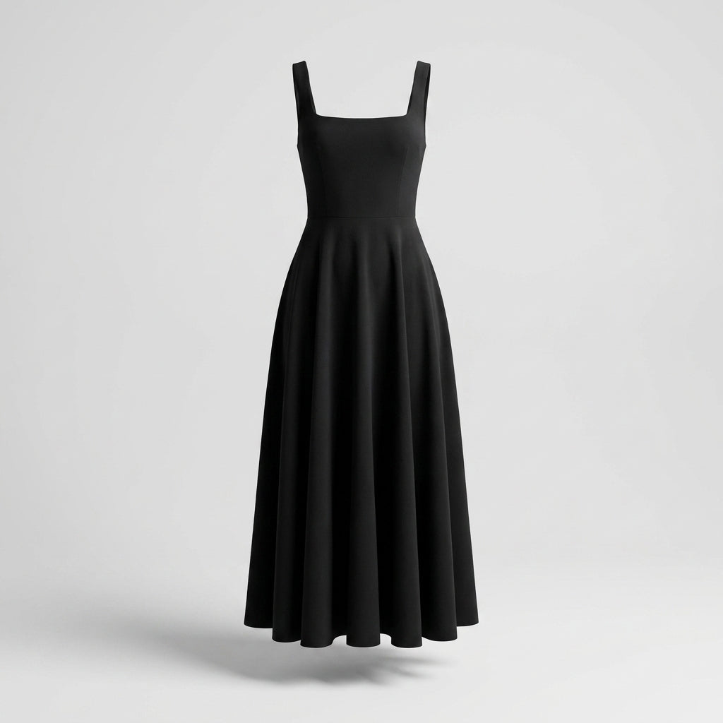 Elegantní midi šaty se čtvercovým výstřihem a splývavým střihem