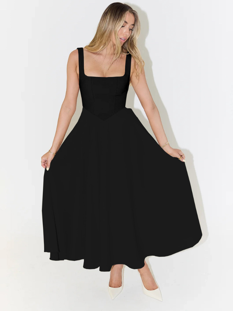 Elegantní midi šaty se čtvercovým výstřihem a splývavým střihem