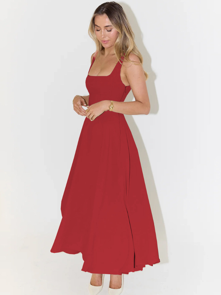 Elegantní midi šaty se čtvercovým výstřihem a splývavým střihem