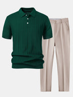 Set – pruhované jacquard polo pletené tričko a slim kalhoty
