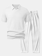 Set – V-výstřih jacquard polo svetr a rovné žebrované kalhoty