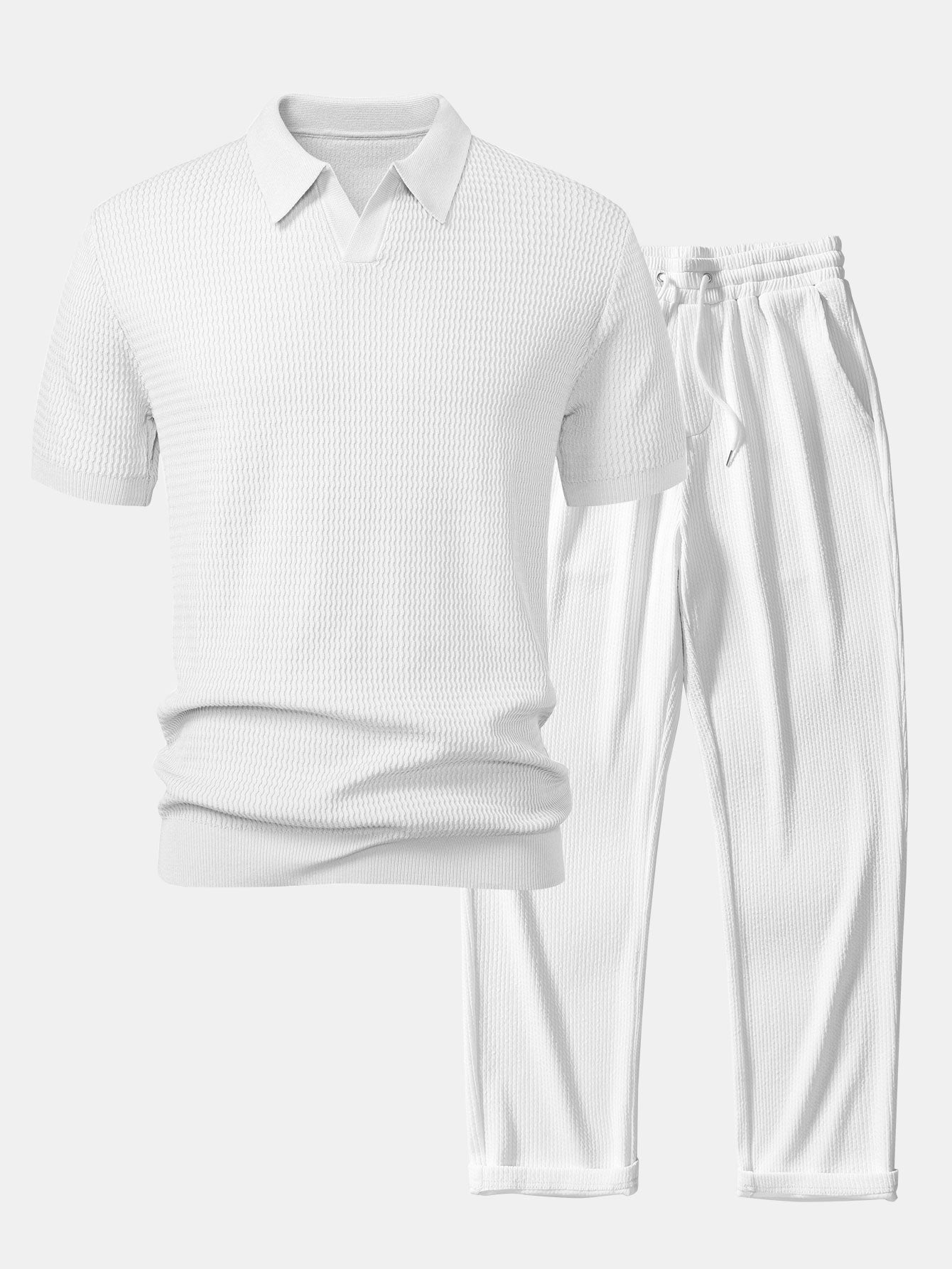Set – V-výstřih jacquard polo svetr a rovné žebrované kalhoty