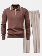 Set – jacquard polo pletené tričko a slim přiléhavé kalhoty