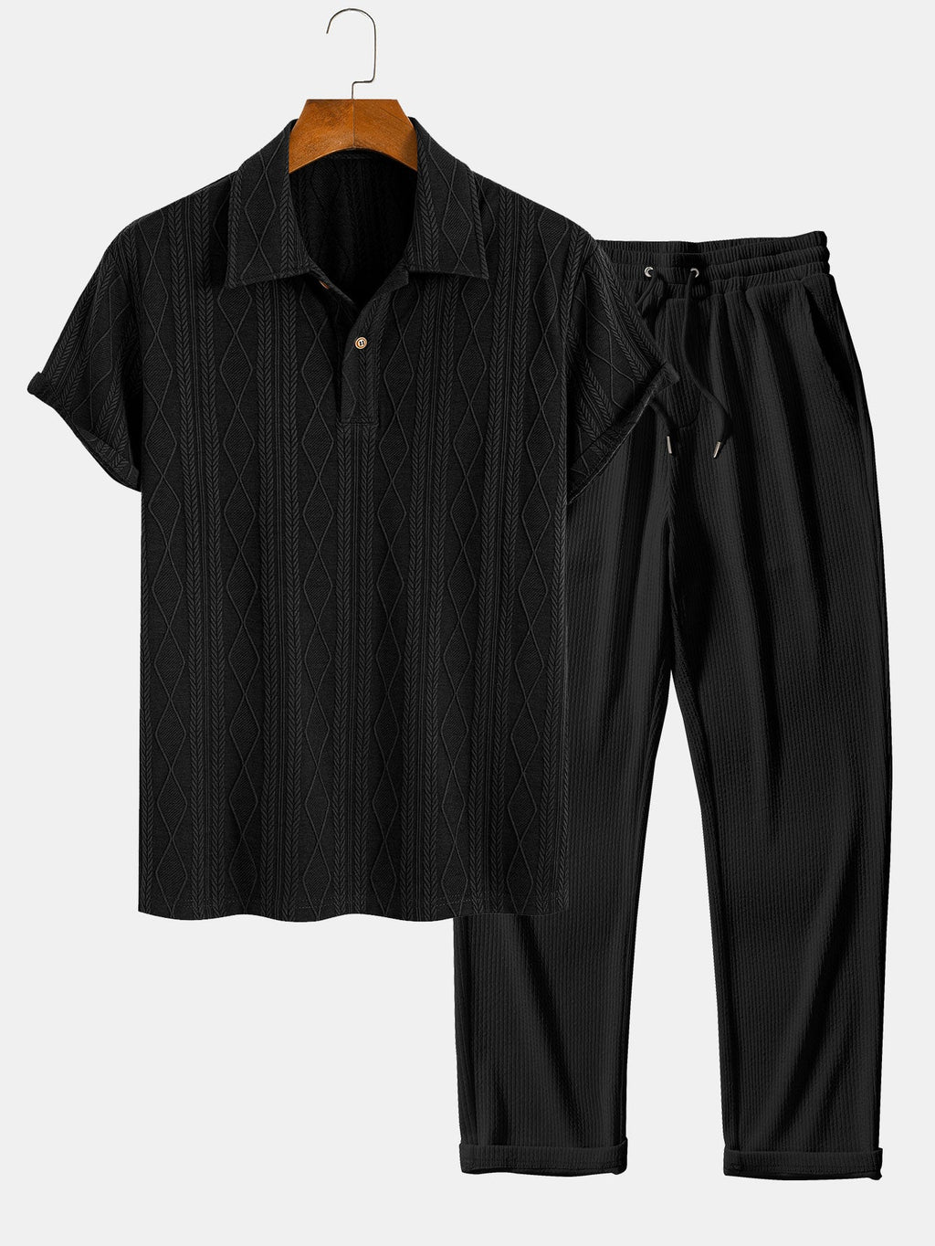 Set – geometrický jacquard polo a rovné kalhoty