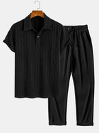 Set – geometrický jacquard polo a rovné kalhoty